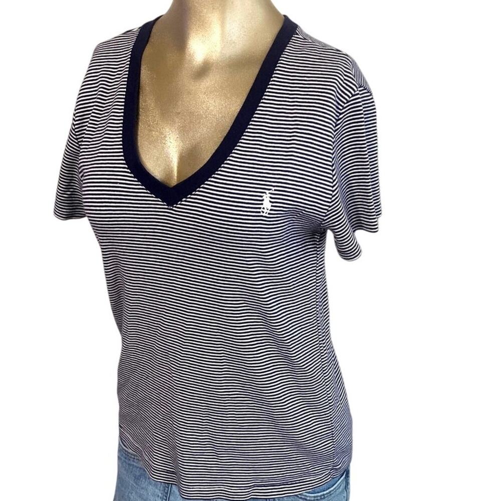Ralph Lauren Sport Womens XL Striped V-Neck T-Shirt Blue White Pony Logo Cotton